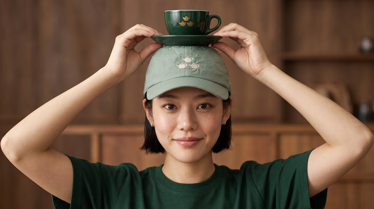 THREE TEA POTS brand lifestyle photo featuring forest-green cap and teacup
